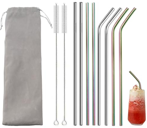 Vookkp 8 Pezzi Cannuccia Metallo Cannucce Riutilizzabili Cannuccia Acciaio Inox Cannuccia per Borraccia con 2 Spazzola per la Pulizi, Cannucce Riutilizzabili Bambini
