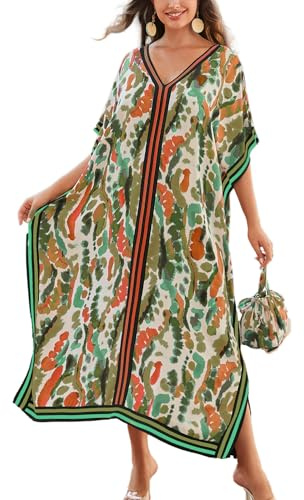 YouKD Vestido Maxi con Cuello en V Caftán Boho Túnicas Cubrebañadores de Playa Vestido Maxi Prenda para Mujeres, Altoa única