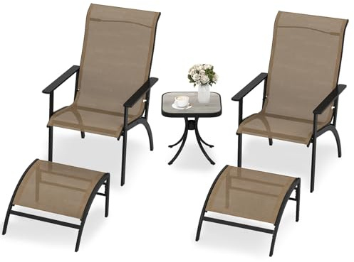 KOMFOTTEU Set di Mobile da Giardino in 5 Pezzi, Set Tavolo e Sedie da Balcone in Tessuto Textilene, Set da Bistrò con Tavolo, 2 Sedie Adirondack e 2 Poggiapiedi per Terrazza, Bordo di Piscina, Marrone