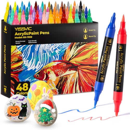 YISSVIC Pennarelli Acrilici Doppia Punta 48 Colori,Punta Fine e Pennello,Indelebili e Impermeabili per Sassi/Ceramica/Legno/Tessuto–Ideale per Bambini e Adulto,Atossici,Inodori ad Asciugatura Rapida