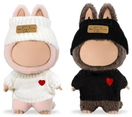 EUPSIIU 2-pack dockkläder, svartvitt hjärta kläder outfit för dockor med hattar och kläder, dockkläder för plyschdocka, gosig utklädnad set söta dockor tillbehör (svart, vit)