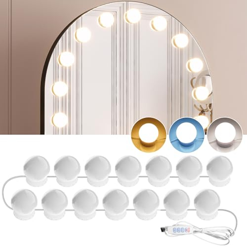 AURORIONCG Luci da Specchio di Vanità 14 Lampadine per Trucco Dimmerabili 3000K/4000K/9000K Temperatura Colore Regolabile, Alimentazione Tramite USB, Adesive