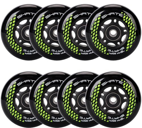 8 Pack Inline Skate Wheels 72mm, 76mm, 80mm - ABEC9 Bearing - 85A Durometer PU - Compatible with Rollerblade, Roller Derby, K2 Skate (Black, 76MM)