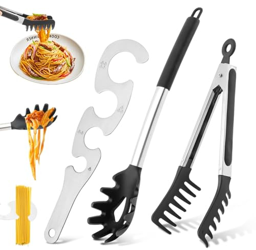 Silicone Spaghetti Spoon & Pasta Tong With Pasta Measurer,Non-Stick Stainless Steel Handle Spaghetti Fork Set with Teeth,Spaghetti Tong Food Clip for Easy Serving of Noodles