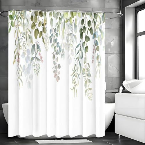 ruitao Shower Curtain, Mould Proof Resistant and Waterproof Washable Polyester Fabric with 12 Hooks, Quick Dry, Shower Curtain for Bathroom, Wet Rooms, Shower, Bath (Green Leaves, 180x180cm)