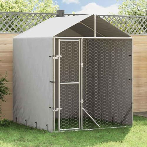 Outdoor Dog Kennel with Roof, 2x2x2.5m Galvanised Steel, Silver Weatherproof Pet Enclosure for Dogs, Chickens, Rabbits, Secure Lockable Door Design