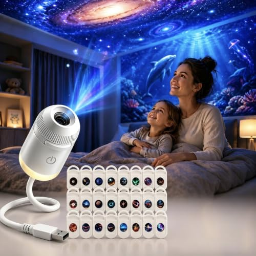 HD Smart 5D holografisk nattljusprojektor, mini USB galax stjärnljusprojektor med 24 filmskivor, 360° roterbar sänglampa atmosfärbelysning för sovrum tak bil tak