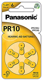 Panasonic PR10 Zinc Air batteries for hearing aids, type 10, 1.4V, hearing aid batteries, 6 in a pack, yellow