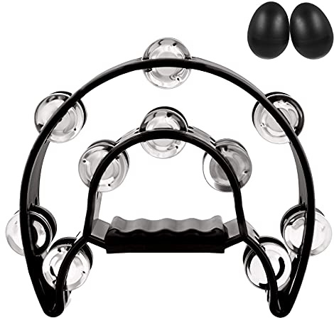 EastRock Half Moon Hand Tambourine with 20 Jingles, Double Cutaway Tambourine for Musicians Bands (16 Jingles, Black)