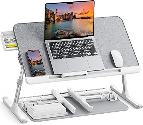 Laptop Bed Table, SAIJI 100% Eco-friendly wooden planks, Laptop Stand with Drawer, Folding Legs, 40kg Load, Angle Height Adjustable, Reading, Eating on Bed, Sofa, Laptop Lap Desk (Grey 23.6 * 12.6in)