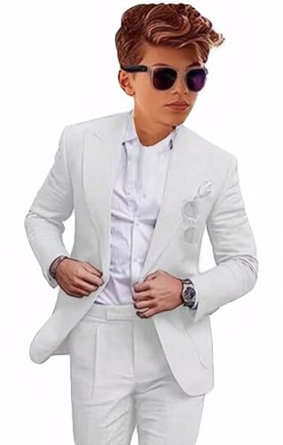Chaqueta y pantalones ligeros de lino para niños, 2 piezas, traje formal para fiesta de verano para boda, blanco, 8 años