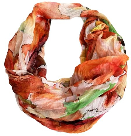 J26 Strisce di seta glitter oro filo estate primavera loop ciclo ciclo arcobaleno seta tinta unita sciarpa tubolare sciarpa sciarpa leggera, Fiori arancioni, 160 x 48 cm