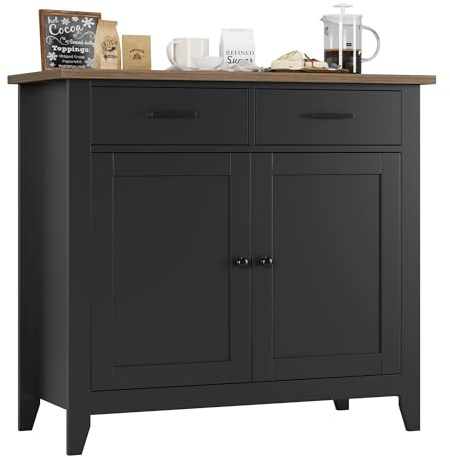 HORSTORS Kitchen Storage Cabinet, Modern Farmhouse Buffet Cabinet with Storage, Coffee Bar with 2 Drawers and 2 Doors, Floor Sideboard Buffet for Living Room, Dining Room, Bathroom, Black/Rustic Brown