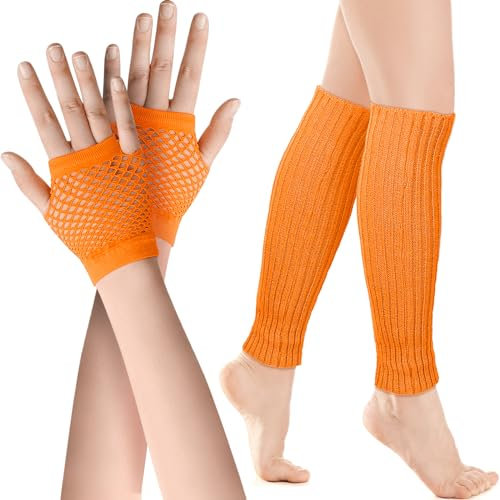SATINIOR Elastische Neon Beinstulpen und Netzhandschuhe Set 80er Jahre Kostüm Zubehör (Orange)