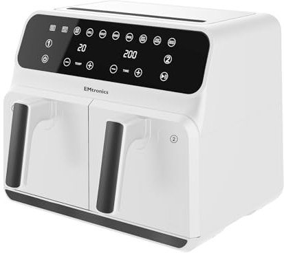 EMtronics EMAFDD8LWH Dual Air Fryer Extra Large Family Size Double XL 8 Litre with 8 Adjustable Pre-Set Menus for Oil Free & Low Fat Healthy Cooking, Easy Clean Metal Interior, 99-Minute Timer - White