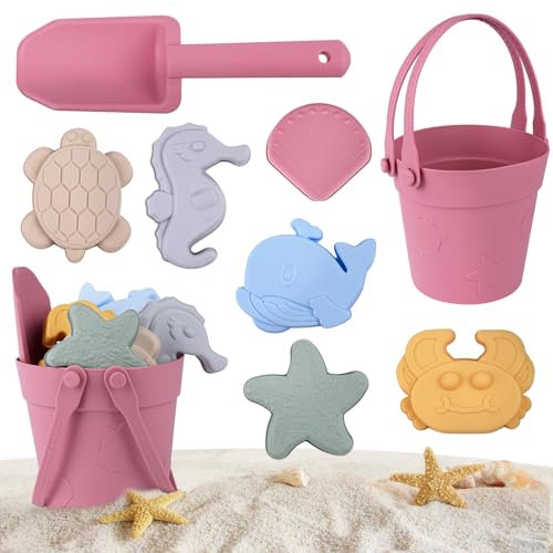 HOTUT Sandspielzeug Set für Kinder, 8 Stück Strandset Sandspielzeug, 8-in-1 Weich Silikon Sand Spielzeug Set mit Eimer, Spaten, Tierformen, Muschel, Seestern, für Strand Sandkasten-Weinrot