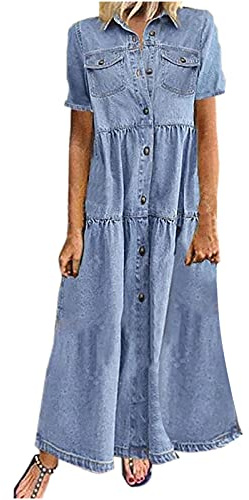 HAOLEI Vestito di Jeans Donna Lungo Estivo Denim Abito Scollo A V Manica Corta Vestiti Elegnati Curvy Maxi Vestitino Jeans Casual Abiti con Tasche E Bottone 2024 Offerte di Primavera