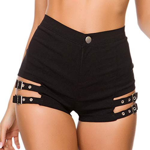 RSBFK Women's Sexy Stretch High Waist Denim Jeans Shorts Mini Shorts Jeans Punk Metal Buckle Hot Pants Black S