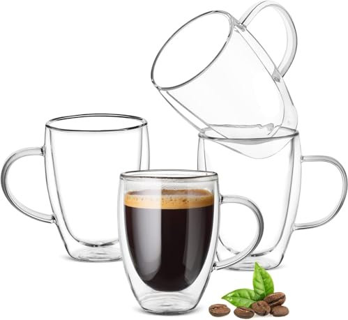 Doppelwandige Kaffeegläser 4er Set 350ml, Teegläser Kaffeegläser Latte Macchiato Tassen, Espressotassen mit Griff, Espresso Gläser, Hitzebeständige Kaffeetassen Trinkgläser aus Borosilikat-Glas