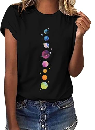 Lonya T-tröja Dam Kortärmad Svart Sommar Elegant T-shirt Rund halsringning Casual Grafisk Tryck Söt Bas Blusa Topp, XL