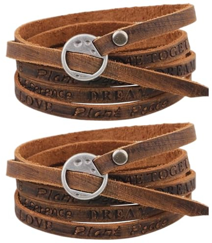 CALFOVERA 2PCS Cowhide Leather Wrap Bracelets Wristbands Cuff Vintage Adjustable Genuine Leather Boho Layered Bracelet Western Brown Stackable Straps Arm Armor with Alloy Toggle Clasp for Men Women