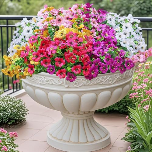 inreeme Artificial Fake Flowers Outdoor - 12 Bundles of 6 Colors Faux Plastic Flowers Look Real for Decoration, No Fade UV Resistant Imitation Plants for Vase, Garden, Hanging Pots, Baskets
