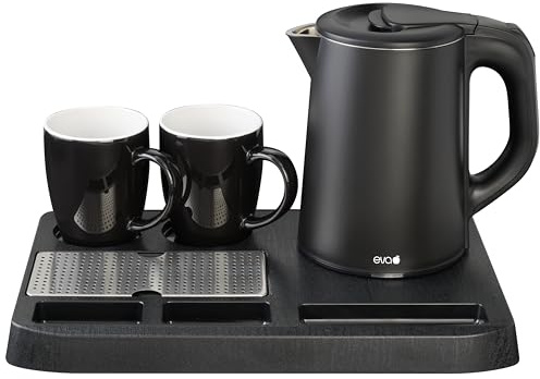 EVA® Set bollitore WK9102 - Nero – 0,8 litri - Acciaio inox a doppia parete – 2 tazze in ceramica – Softtouch – Set 4 pezzi - 1360W - per B&B, Hotel, Affittacamere