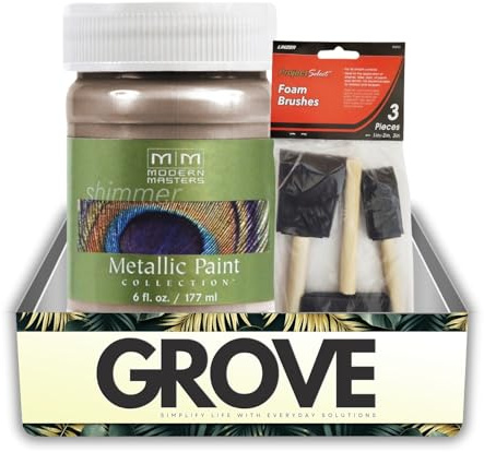 Modern Masters Metallic Paint Collection Satin Warm Silver Water-Based 6 oz Bundle with Paint Brush – Shimmer Finish for Walls, Furniture, and Decor – Gift Set (2 Items)