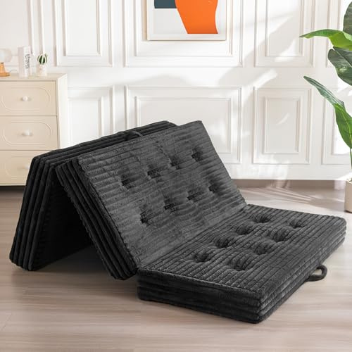 MAXYOYO Hopfällbar madrass king, 15 cm stoppad vikbar madrass med premium fuskpälstyg, tredelad golvfuton bäddsoffa för vardagsrum/gäst
