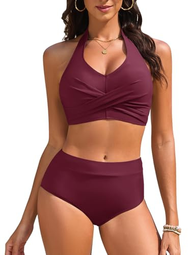 Nadeer Maillot de Bain Femme 2 Pieces Taille Haute Ensembles Deux Pièces Push Up Sexy Halter Ties-up Dos Nu Bikini Set Grande Taille Léopard Swimsuit Swimwear Beachwear(Pourpre Rouge,L)