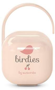 Suavinex, Boîte à Tétine pour Bébé, Capacité pour 2 Sucettes, Pochette - Étui Résistant, Facile à Nettoyer, Anse Flexible pour Accrocher au Sac, Poussette ou Berceau, +0 Mois, Birdies Rose