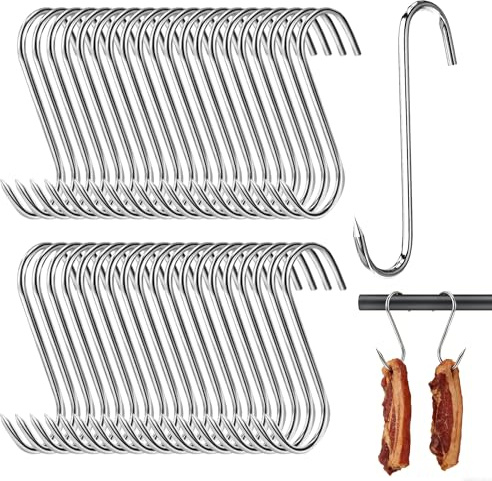 Caldamn 40 ganchos para carne grandes, 15 cm, ganchos para carne, acero inoxidable, ganchos en S, para colgar, carniceros, ahumar, asar y colgar para secar