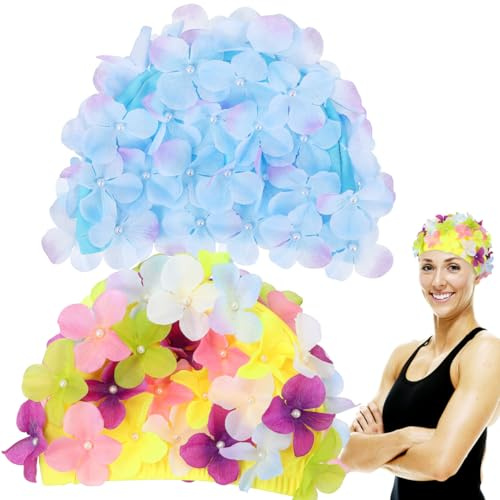 OSALADI 2 Pcs Floral Swim Caps for Women Flower Bathing Cap Adult Hats for Long Hair Swimming for Pool and Beach