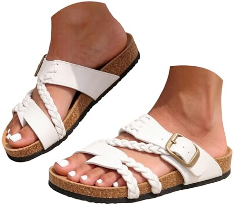 Sandales à enfiler en liège pour femme – Sangle tressée – Boucle d'orteil réglable en métal – Soutien de la voûte plantaire souple en cuir synthétique – Style d'été bohème – Plage vacances au