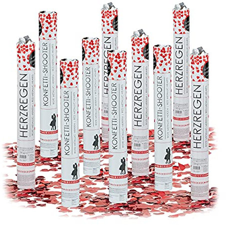 Relaxdays 10 x Party Popper 40 cm rote Herzen im Konfettikanonen Set, Konfetti Bombe für Hochzeit und Geburtstag, Konfetti Shooter 6-8 m Effekthöhe, rot metallic