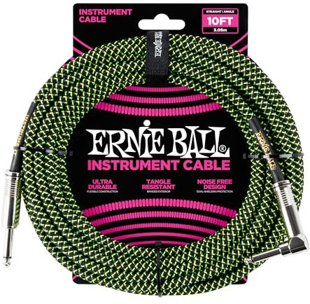 Ernie Ball 10 ft Braided Straight Angle Instrument Cable - Black/Green