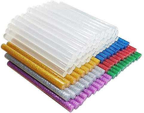 FZGUSYAF 120 Bâtons de Colle Chaude 7x100mm, 60 Transparent et 60 Scintillant pour Pistolet à Colle Chaude 7mm - 7 Couleurs Populaires