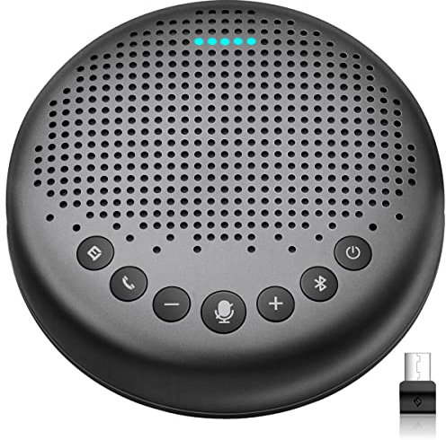 eMeet - Altavoz Bluetooth para conferencias - USB Manos Libres para 5-10 Personas Speakerphone 360 ° reconocimiento de Voz con USB Dongle, para Zoom, Skype, comunicación VoIP PC, etc (Gris)