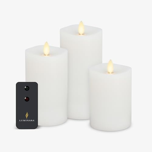 Luminara Juego de 3 velas LED realistas sin llama, color blanco, funciona con pilas, con control remoto, función de temporizador de pilar de llama móvil, parte superior derretida, caja fuerte