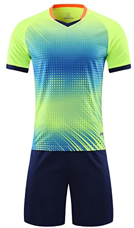 ranrann Fotbollsset pojke barn träningsoverall sport shorts och t-shirt kortärmad fotbollsklädsel torkar snabbt träning fot 5–14 år, Fluo grön, 11-12 ans