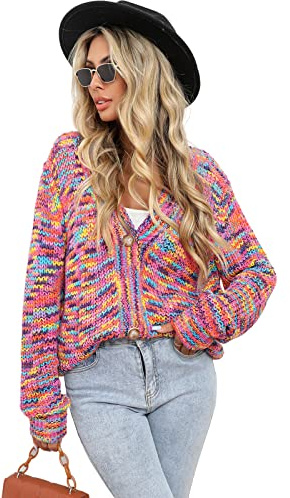 HEYPORK Damen Herbst Winter Warm Bequem Jacke Casual Mode übergangsjacke Mantel Frauen Regenbogen Inter-farbigen Kurze Strickjacke Gestrickt Button Down Jacke(Rot, M)