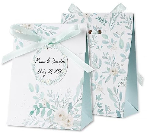 50 Stück Hochzeit Geschenkboxen 8x4x10cm mit Grünem Blätterdesign inkl. Geschenkanhänger und Bändern Kleine Geschenkschachtel für Hochzeit Gastgeschenk Tauf Geschenkverpackung usw.