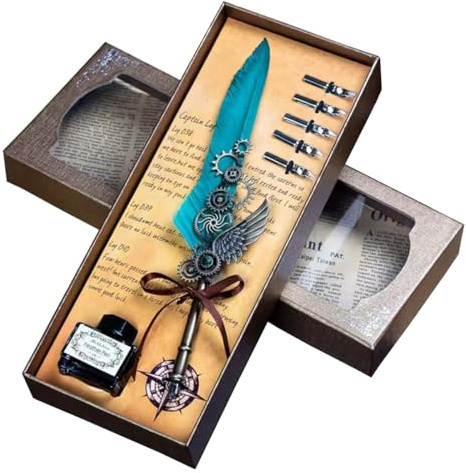 LSFCHYBY Quill Feather Pen and Ink Set,Calligraphy Set,Calligraphy Kits Include Antique Quill Feather Pen,5Nibs,1 Bottles Inks,Pen Holder for Beginners Birthday Gift (European Green)