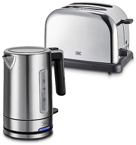 KHG Frühstücksset Wasserkocher & Toaster, Edelstahl Silber Chrom, Kapazität 1 Liter & 2 Scheiben, präziser Ausgießer, 360° Sockel, 6 Röststufen, Aufwärm-, Auftau- & Bagel-Taste, Krümelschublade