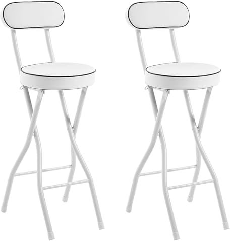 2er Set Klappbarer Barhocker, Runder Gepolsterter Hochstuhl, Weiß/Schwarzer Tresenhocker, Klappbarer Küchenhocker mit Rückenlehne und Fußstütze (Color : White, Size : 24in/60cm)