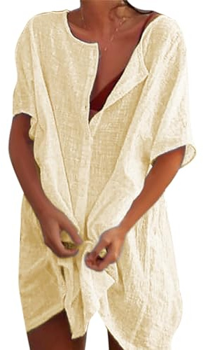Svanco Robe de Plage Femme Été, Tunique de Plage Élégante, Chemise de Plage en Coton, Cache Maillot de Bain