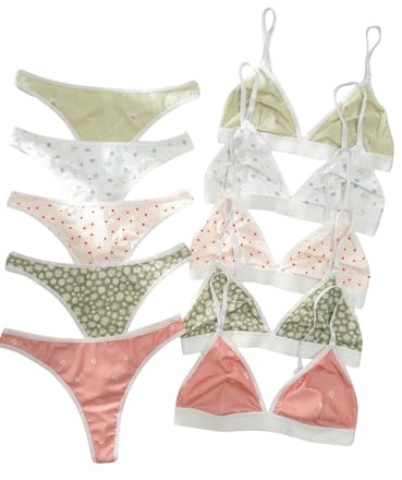 BEAUDRM Women's 5 Sets Matching Bra and Panty Polka Dots Print Lingerie Triangle Bralettes and Low Rise Thong Multicolor X-Large