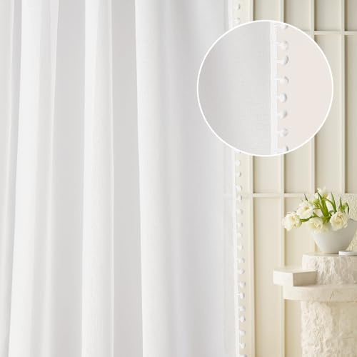 ROOM99 Cortina con Ojales Malia Spirit 200 x 250 cm Ancho x Alto salón Cortina Transparente Moderna Cortina salón Dormitorio Pompones Blanco 1 Unidad