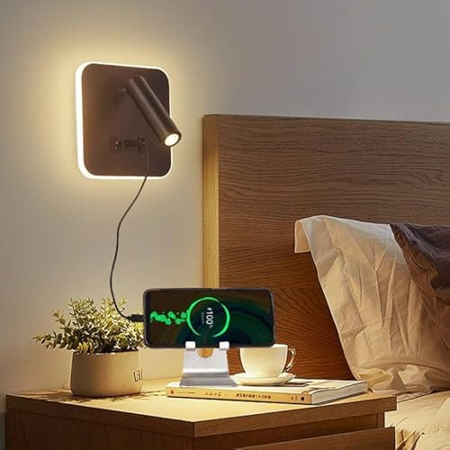 ELINKUME LED Lese Wandleuchte mit Doppelschalter,330°Verstellbare Wandleselampe mit USB-Anschluss,13W Nachttisch Wandlampe 3000K Warmes Licht für Korridor Schlafzimmer Treppe(Quadratisch,Schwarz)