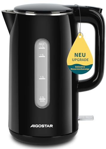 Aigostar Lydian - Wasserkocher Edelstahl 1,7 Liter mit Wasserstandsanzeige, 4 Minuten Schnell auf 100°C, Elektrischer Wasserkocher Schwarz mit Kalkfilter, Cool-Touch Doppelwand Design, BPA Frei